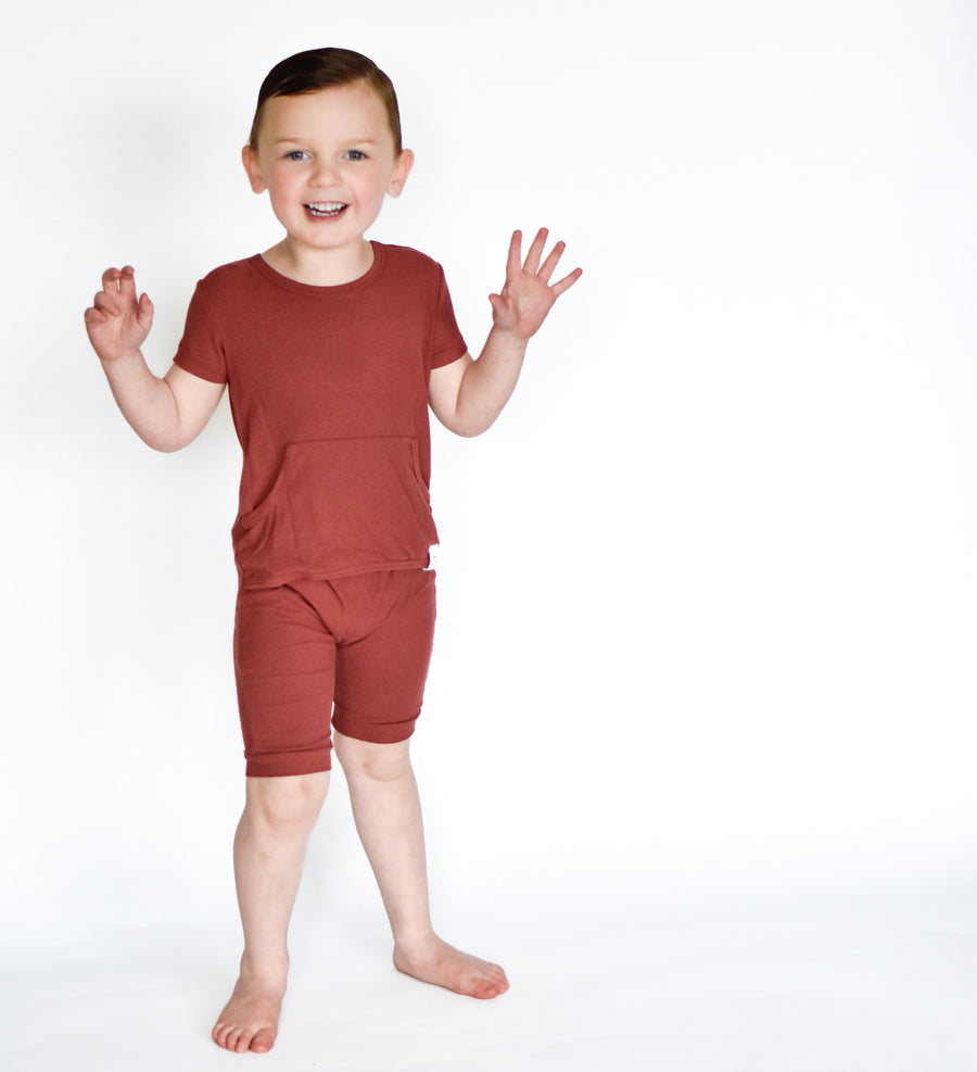 Front Opening Shortie Romper in Memphis Rust | Bamboo Viscose