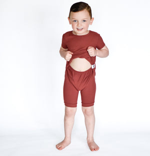Front Opening Shortie Romper in Memphis Rust | Bamboo Viscose