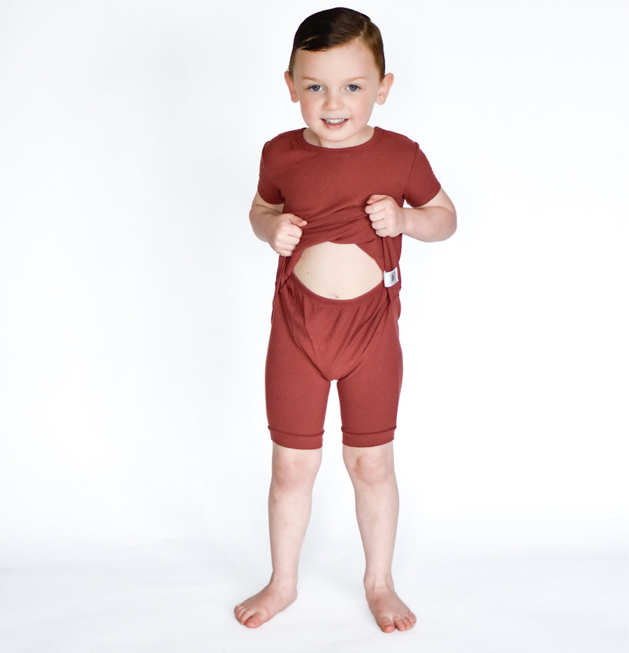 Front Opening Shortie Romper in Memphis Rust | Bamboo Viscose