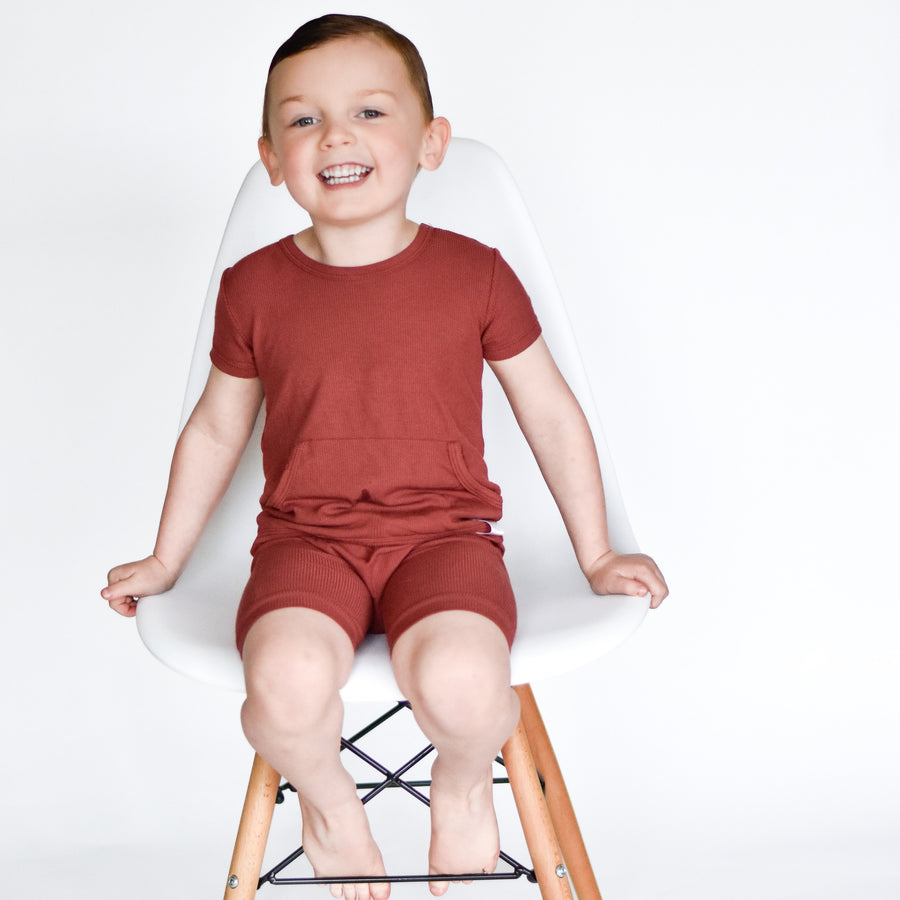 Front Opening Shortie Romper in Memphis Rust | Bamboo Viscose