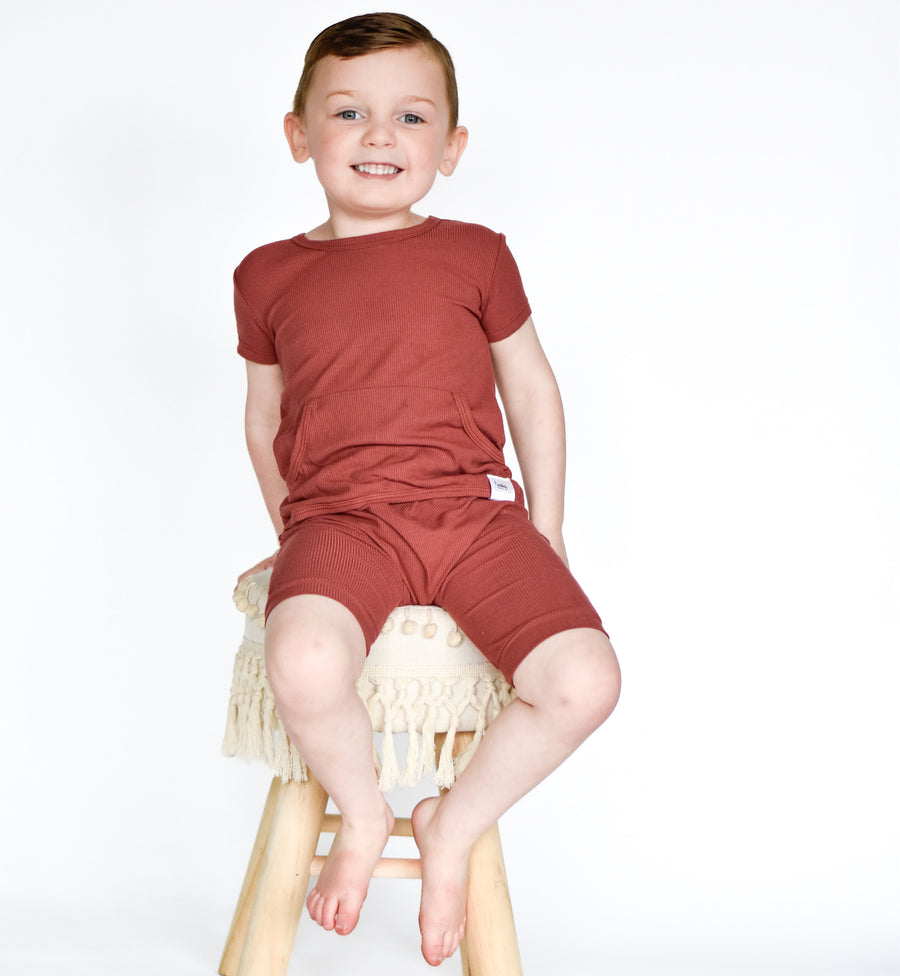 Front Opening Shortie Romper in Memphis Rust | Bamboo Viscose