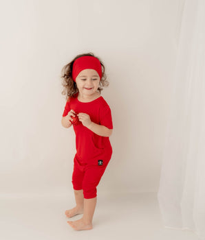 Front Opening Shortie Romper in Pomegranate