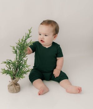 Front Opening Shortie Romper in Sage- white logo