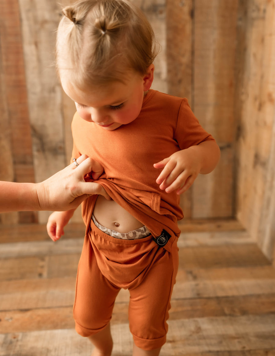 Front Opening Shortie Romper in Yams | Bamboo Viscose