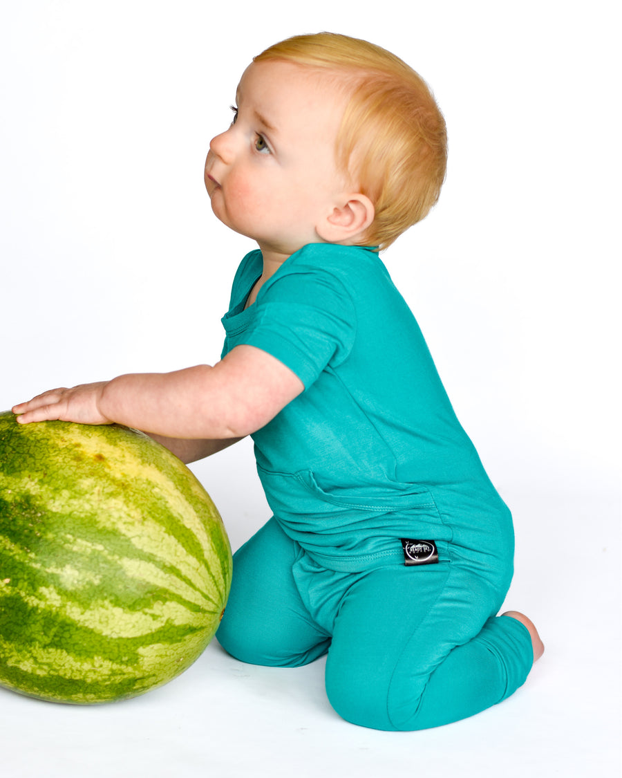Front Opening Romper in Jade | Bamboo Viscose