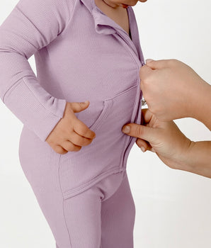 Front Opening Ready Set Romper® ZIP-IT! in Ribbed Lavender / hood-free