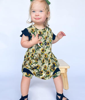 Reversible Opening Ready Set Romper® Twirl in OG Argentina Sunflower & Ribbed Essential Midnigh