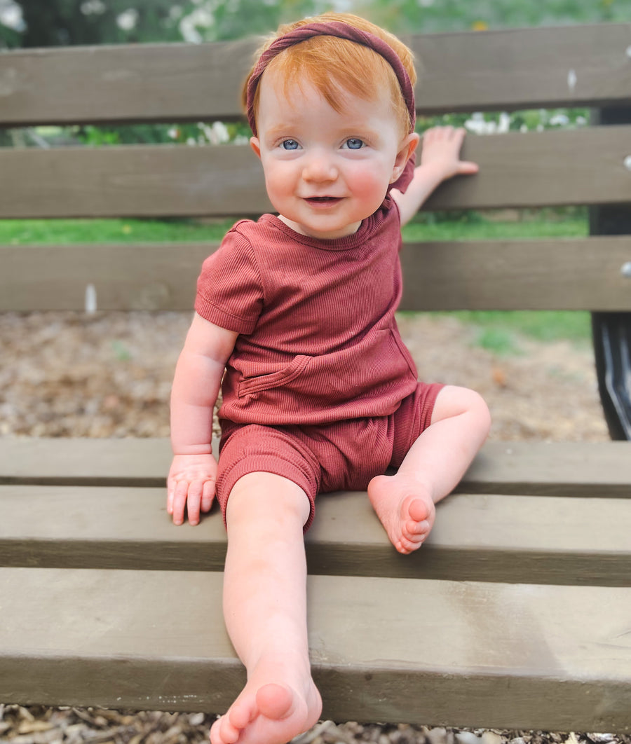 Front Opening Shortie Romper in Memphis Rust | Bamboo Viscose