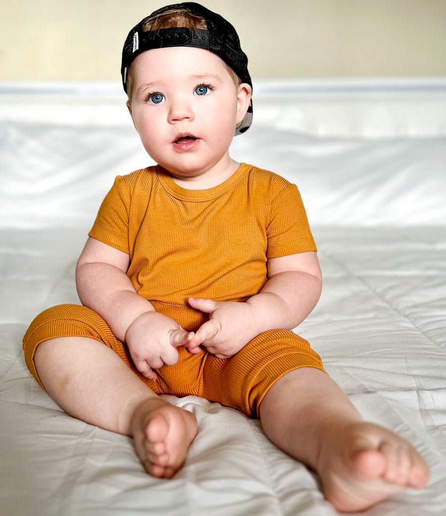 Front Opening Shortie Romper in Amber | Bamboo Viscose