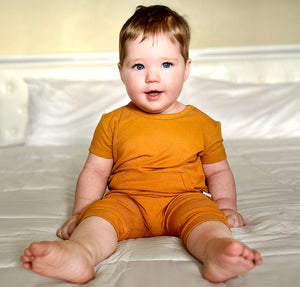 Front Opening Shortie Romper in Amber | Bamboo Viscose