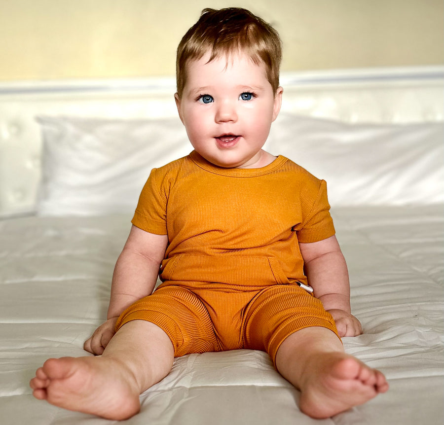 Front Opening Shortie Romper in Amber | Bamboo Viscose