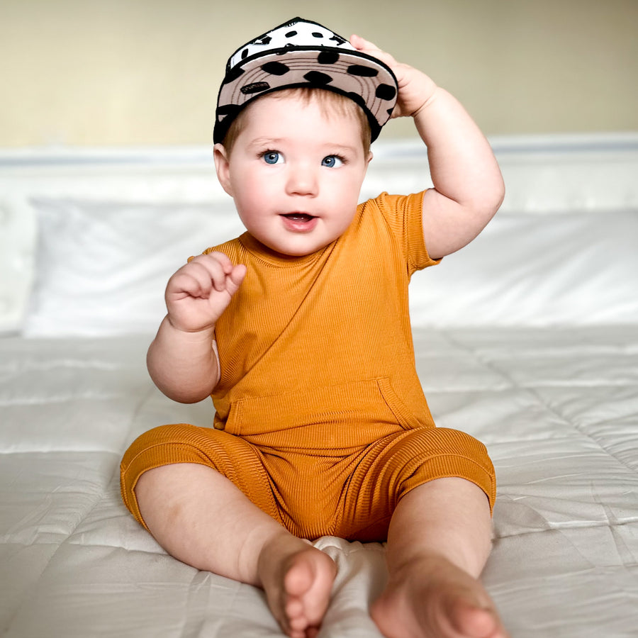 Front Opening Shortie Romper in Amber | Bamboo Viscose