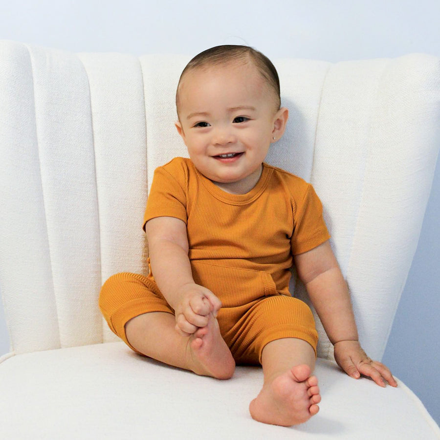 Front Opening Shortie Romper in Amber | Bamboo Viscose