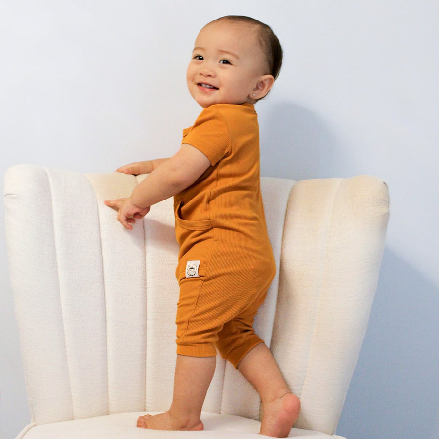 Front Opening Shortie Romper in Amber | Bamboo Viscose