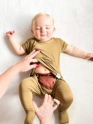 Front Opening Romper in Khaki | Bamboo Viscose