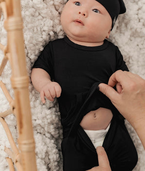 Change-A-Roo™ Front Opening Shortie Romper in Jet Black