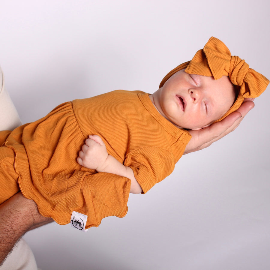 Front Opening Twirl Shortie Romper in Amber | Ribbed Bamboo Viscose