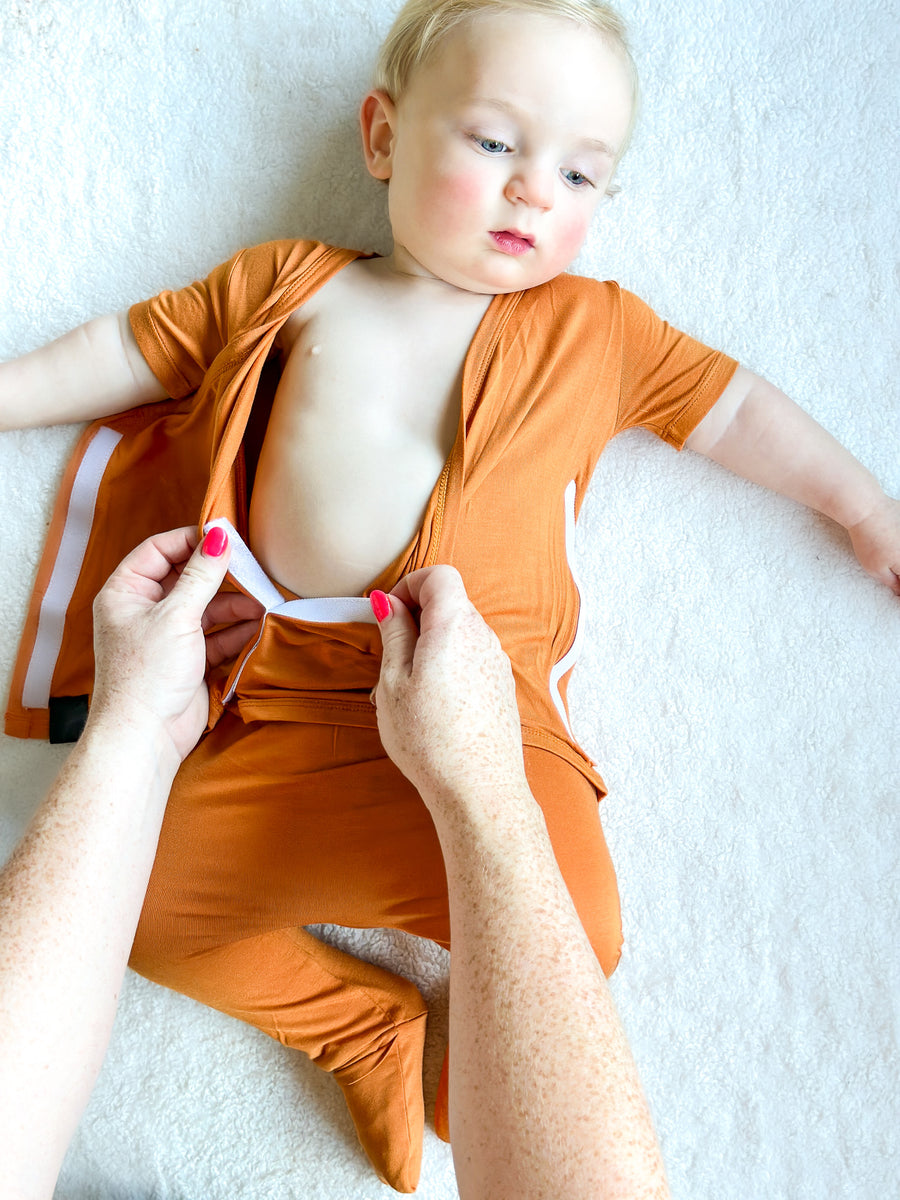 Wrap-A-Roo™ Wrap Opening Romper in Yams | Bamboo Viscose