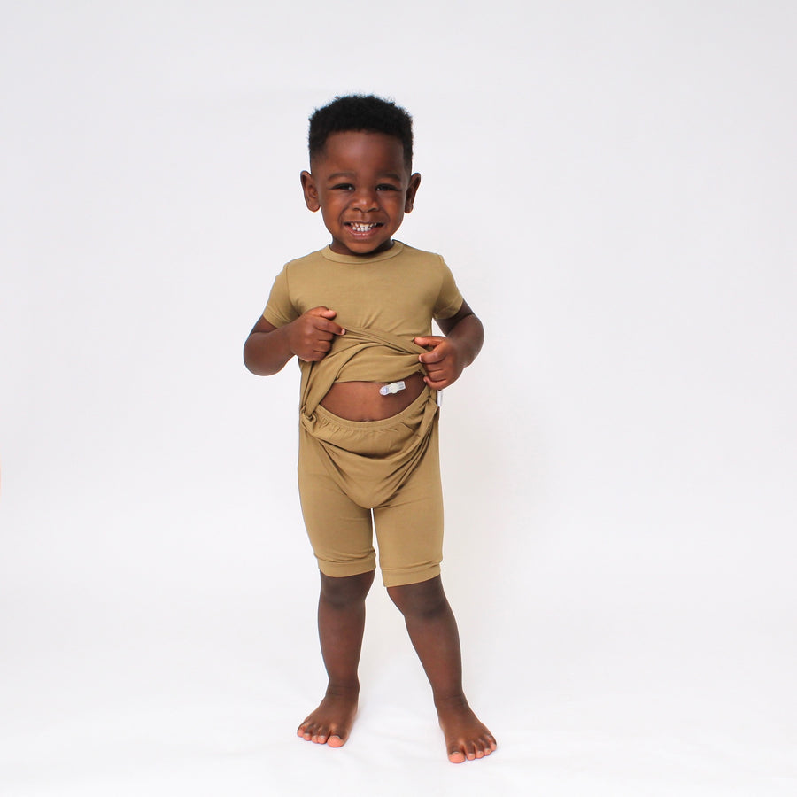 Front Opening Shortie Romper in Khaki | Bamboo Viscose