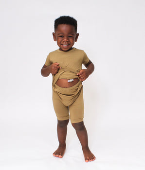 Front Opening Shortie Romper in Khaki | Bamboo Viscose