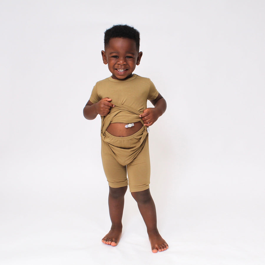 Front Opening Shortie Romper in Khaki | Bamboo Viscose