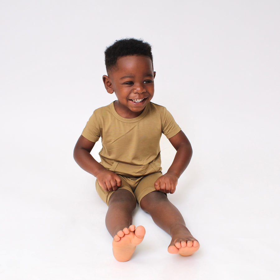 Front Opening Shortie Romper in Khaki | Bamboo Viscose