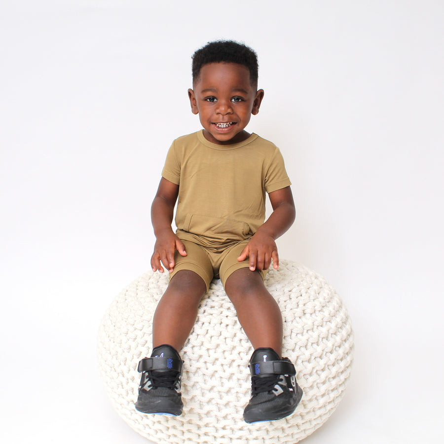 Front Opening Shortie Romper in Khaki | Bamboo Viscose