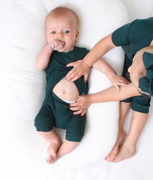 Front Opening Shortie Romper in Sage- white logo