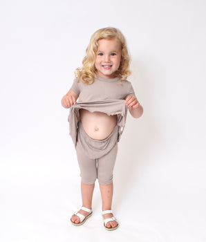 Front Opening Twirl Shortie Romper in Taupe | Ribbed Bamboo Viscose
