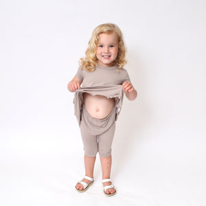 Front Opening Twirl Shortie Romper in Taupe | Ribbed Bamboo Viscose