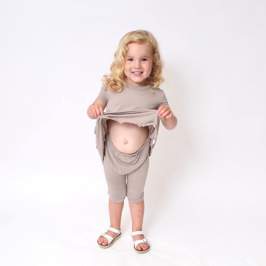 Front Opening Twirl Shortie Romper in Taupe | Ribbed Bamboo Viscose