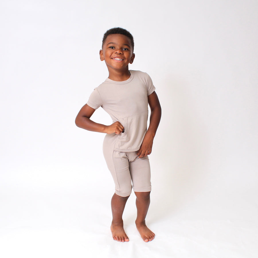 Front Opening Shortie Romper in Taupe | Bamboo Viscose