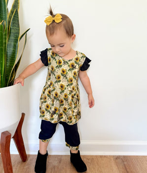 Reversible Opening Ready Set Romper® Twirl in OG Argentina Sunflower & Ribbed Essential Midnigh