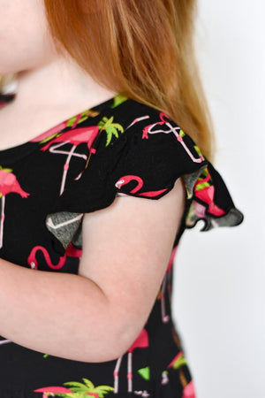 Switch-A-Roo™ Reversible Opening Twirl Shortie Romper in Flamingos | Bamboo Viscose