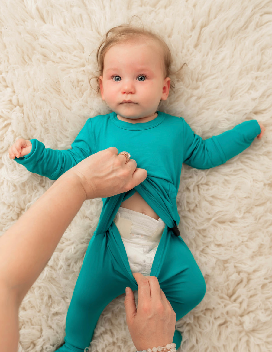 Front Opening Romper in Jade | Bamboo Viscose