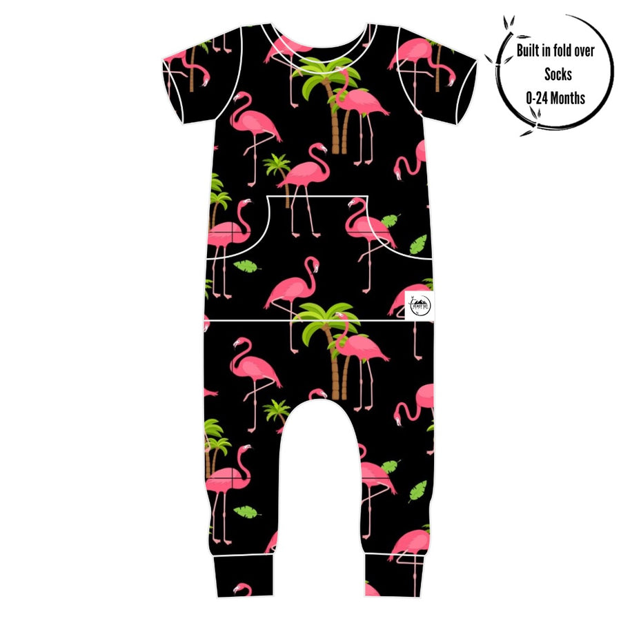 Front Opening Romper in Flamingos | Bamboo Viscose