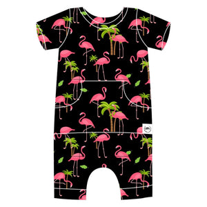 Front Opening Shortie Romper in Flamingos | Bamboo Viscose