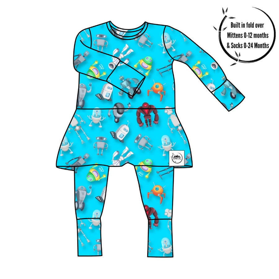 Front Opening Twirl Romper in Robots | Bamboo Viscose