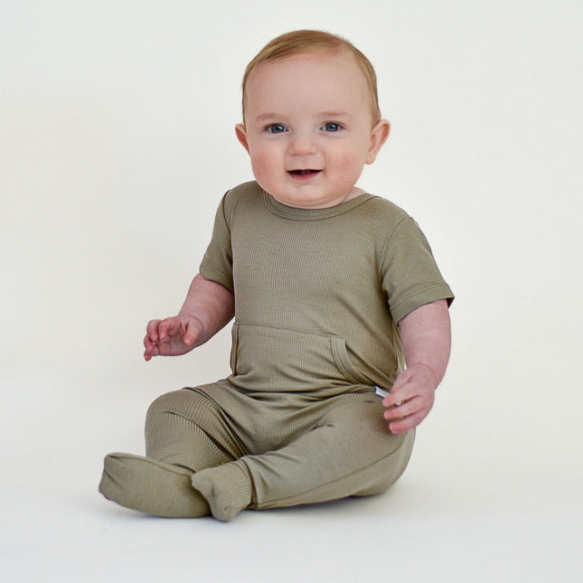 Front Opening Romper in Moss | Ribbed Bamboo Viscose