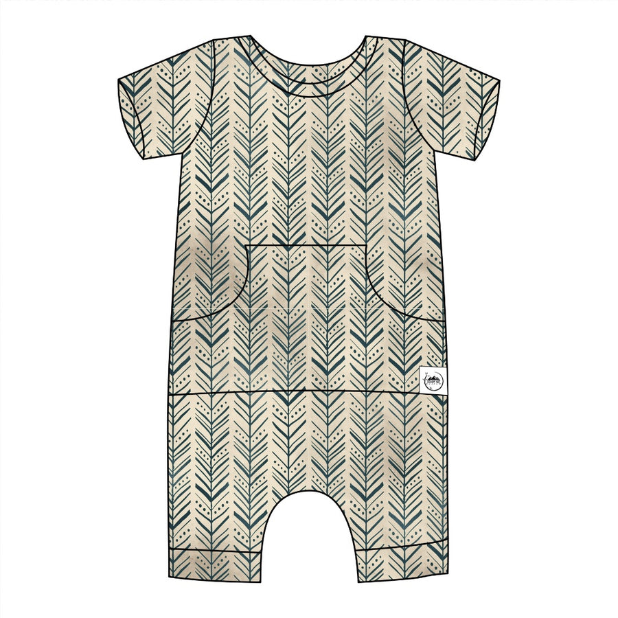 Front Opening Shortie Romper in Green Arrows | Bamboo Viscose