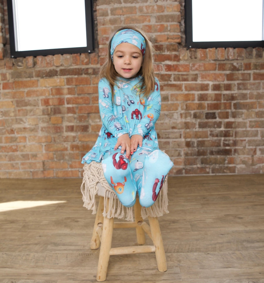 Front Opening Twirl Romper in Robots | Bamboo Viscose