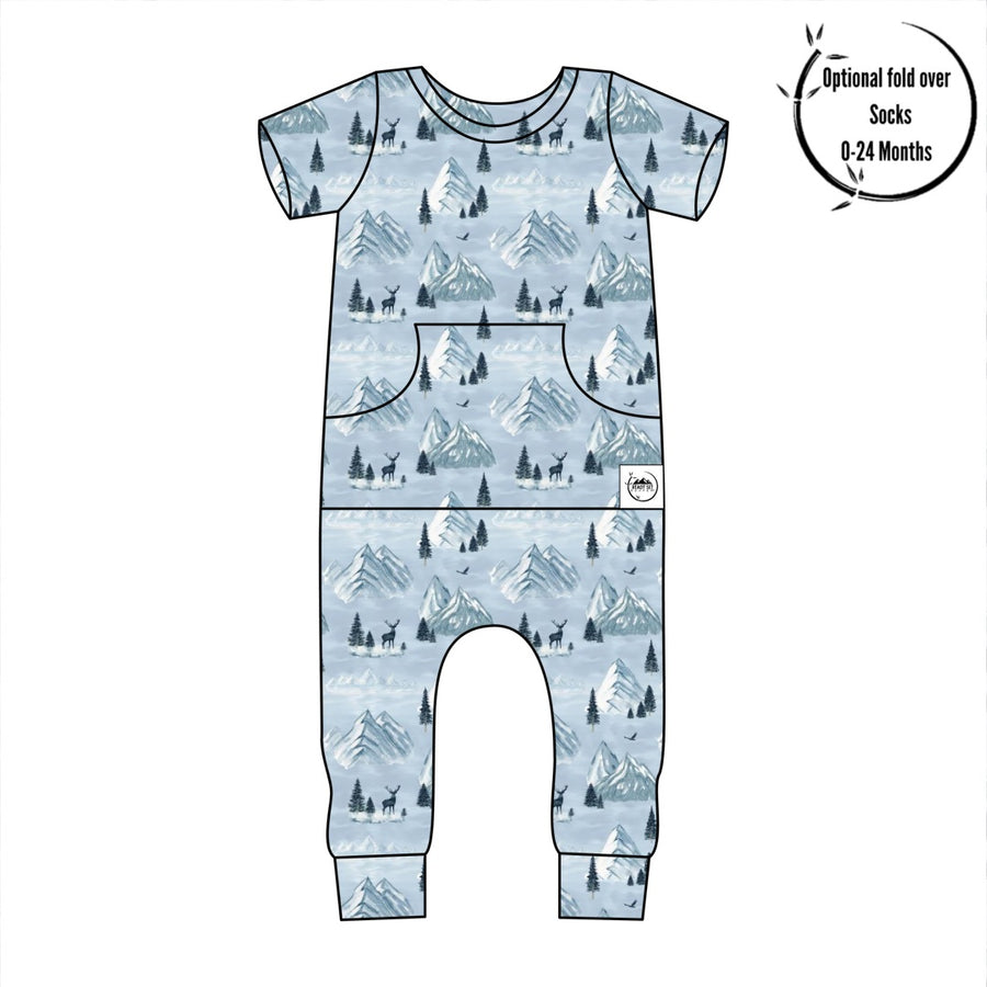 Front Opening Romper in Winter Mountains | Bamboo Viscose