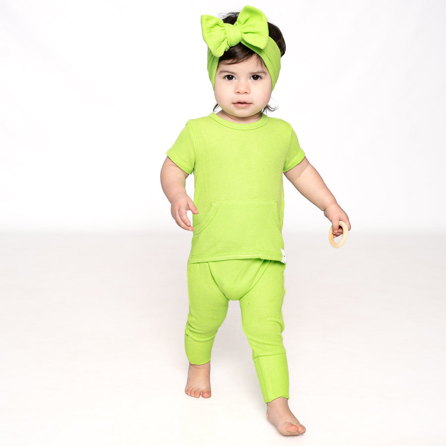 Front Opening Romper in Lime | Waffle Bamboo Viscose