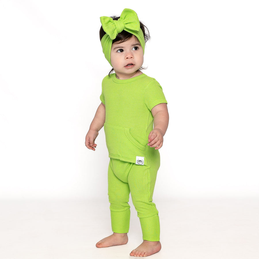 Front Opening Romper in Lime | Waffle Bamboo Viscose