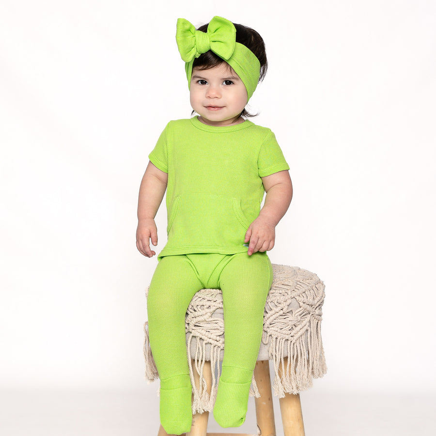 Front Opening Romper in Lime | Waffle Bamboo Viscose