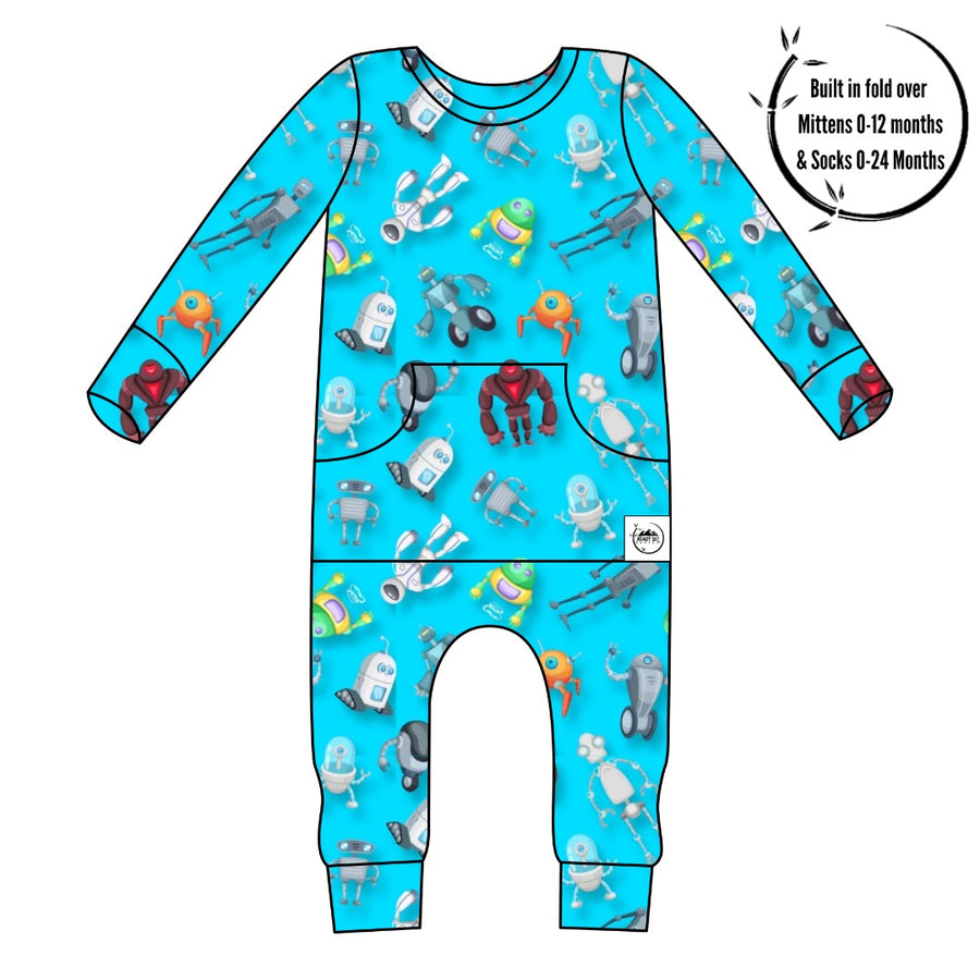 Front Opening Romper in Robots | Bamboo Viscose