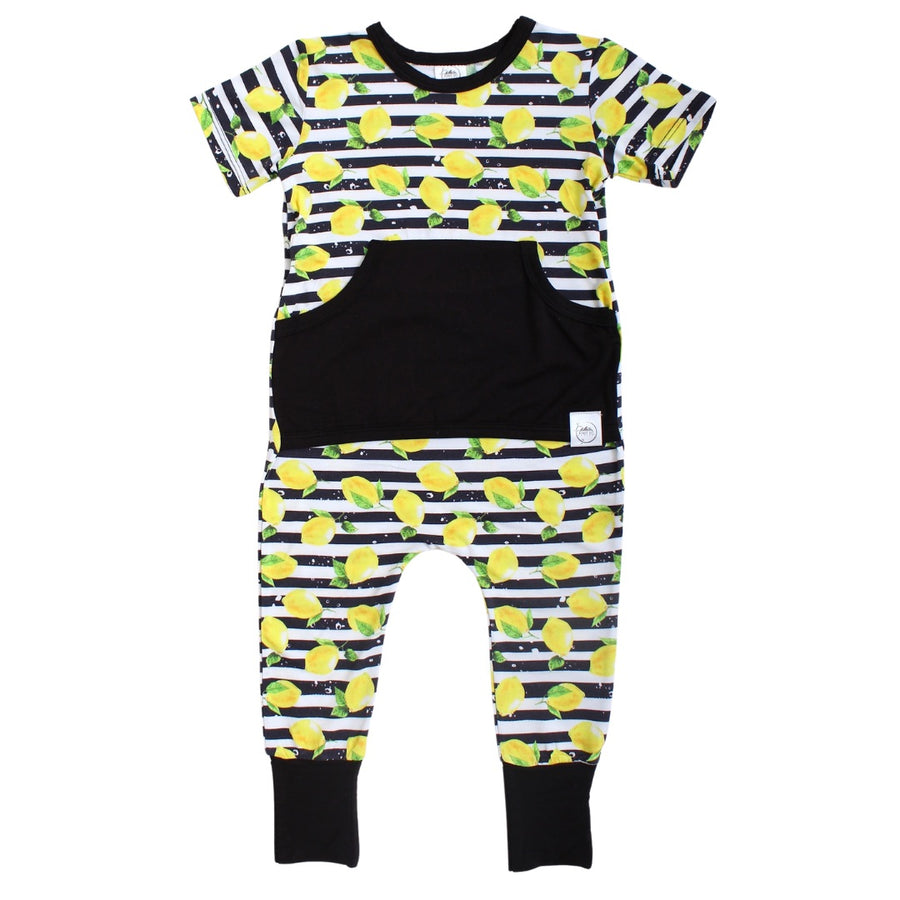 Front Opening Romper in Lemon Line | Bamboo Viscose
