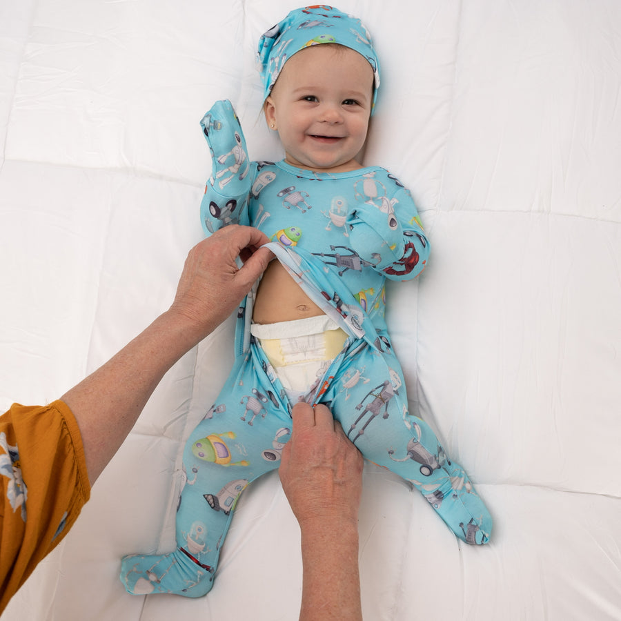 Front Opening Romper in Robots | Bamboo Viscose