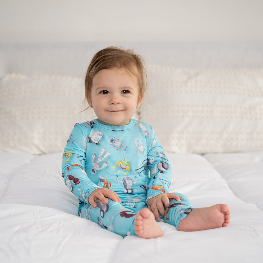 Front Opening Romper in Robots | Bamboo Viscose