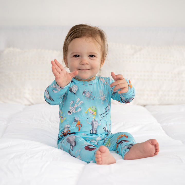 Front Opening Romper in Robots | Bamboo Viscose